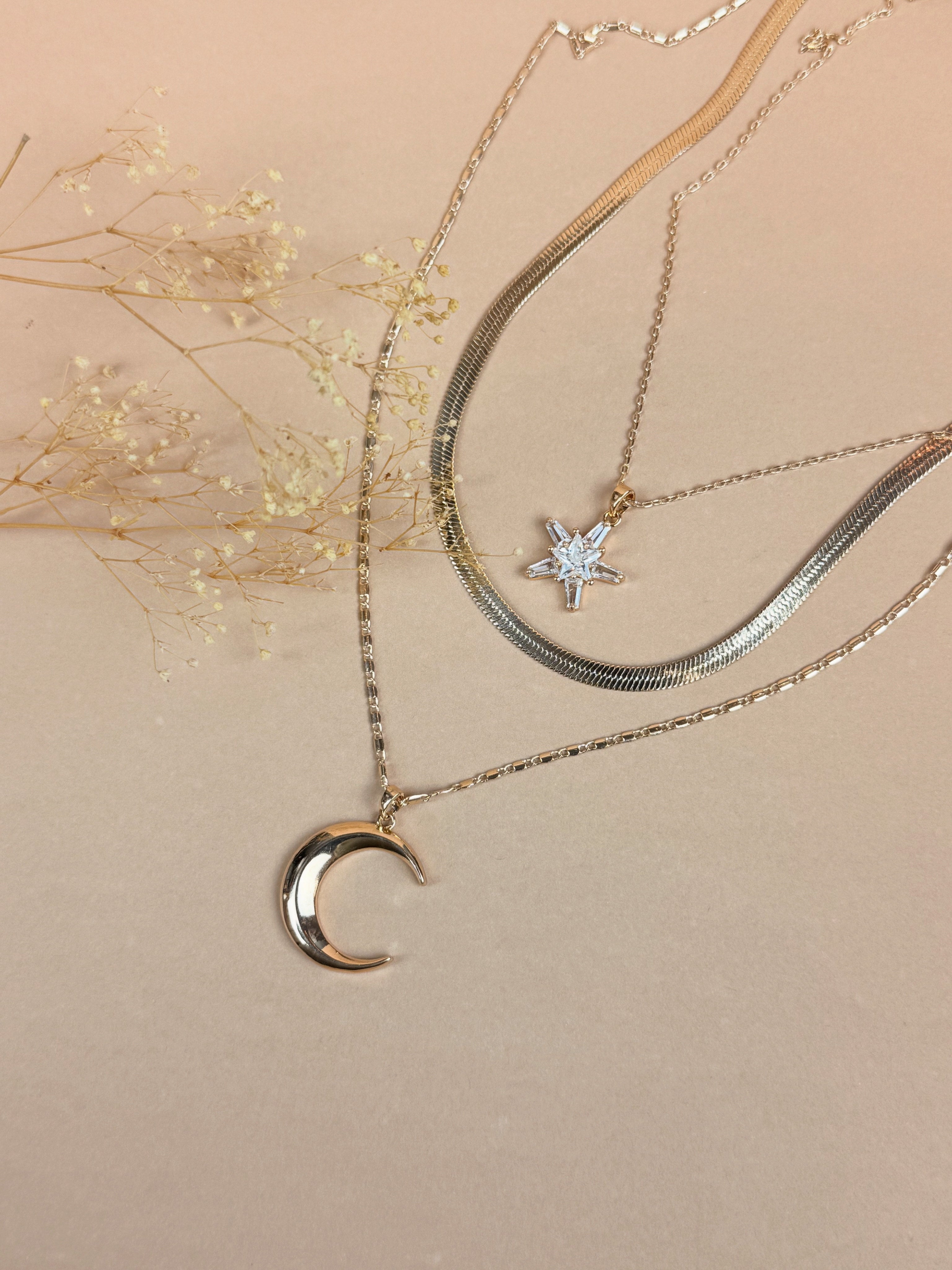 3-Piece Gold Necklace Set – Moon & Stars