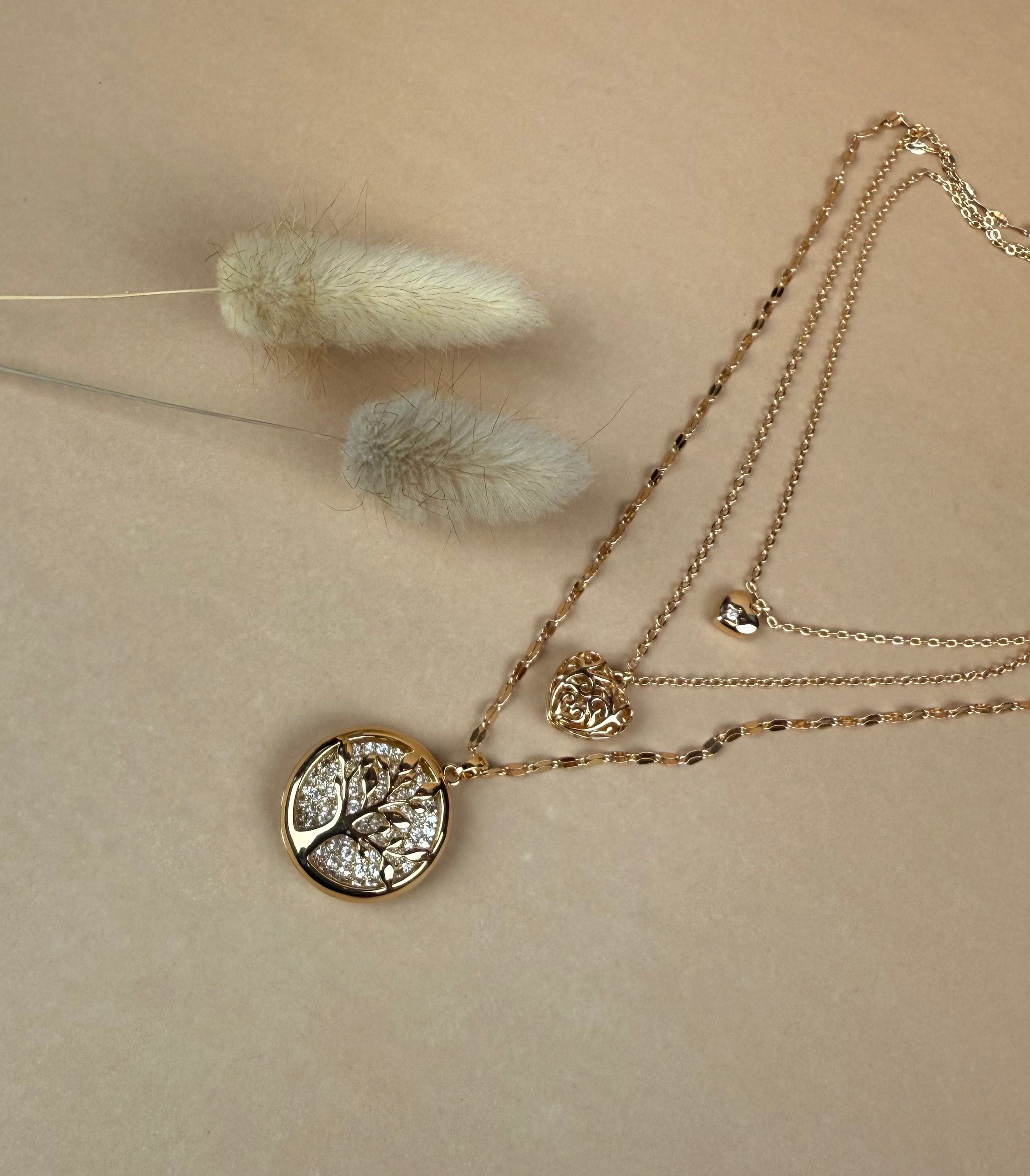 Cute Tree -Layer Gold Necklace with Mixed Textures