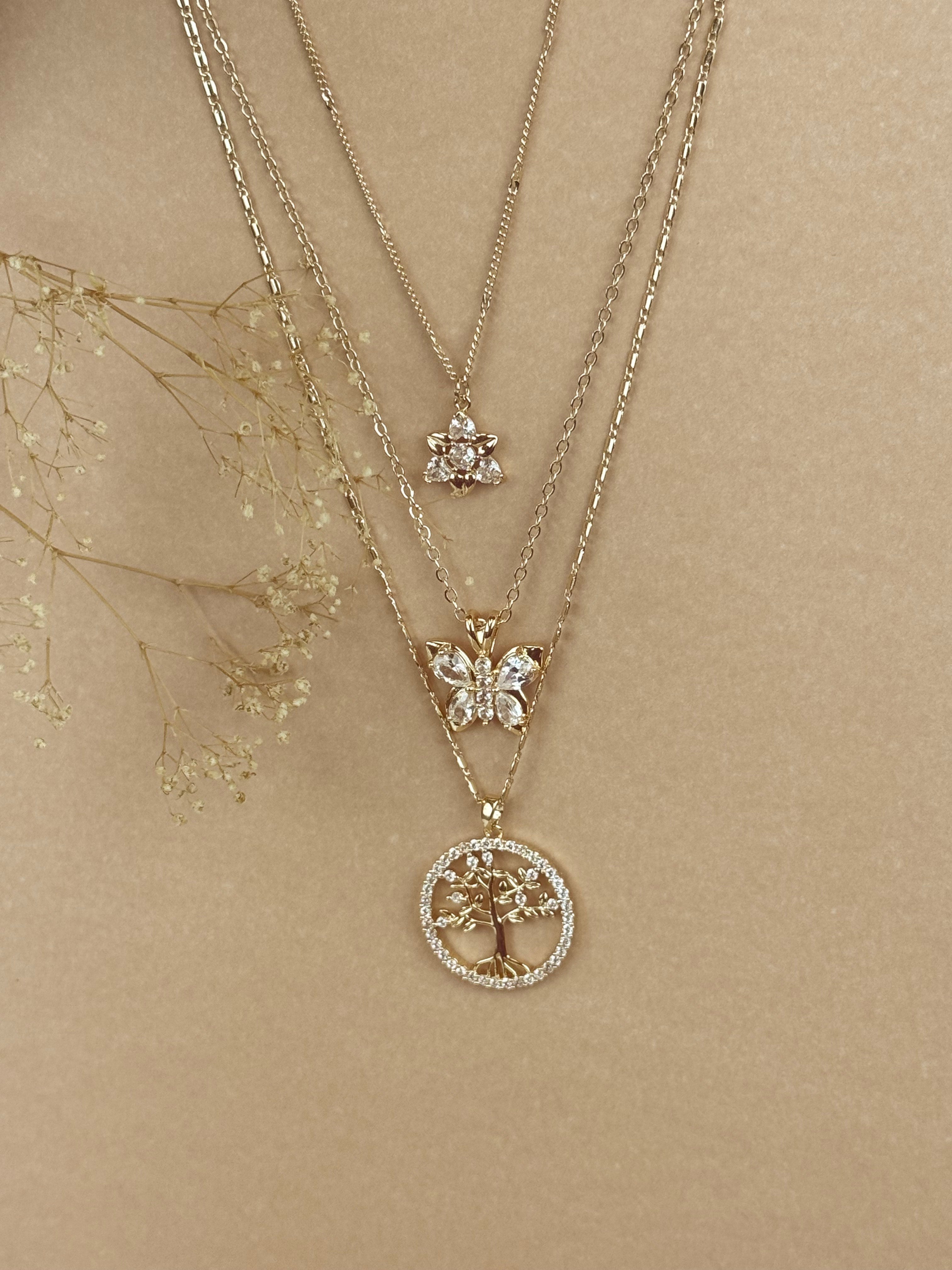 3-Piece Laminated Gold Necklace Set – Butterfly, Heart &amp; Family Tree Charms